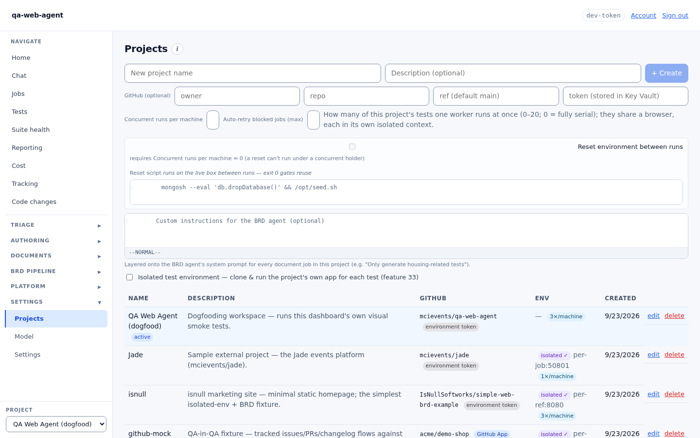 The Projects view with repository, environment and model settings.