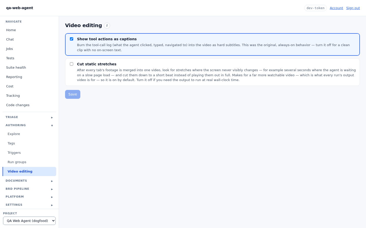 The Video editing view: a rendered walkthrough with caption and static-trim toggles and the tool-call timeline.